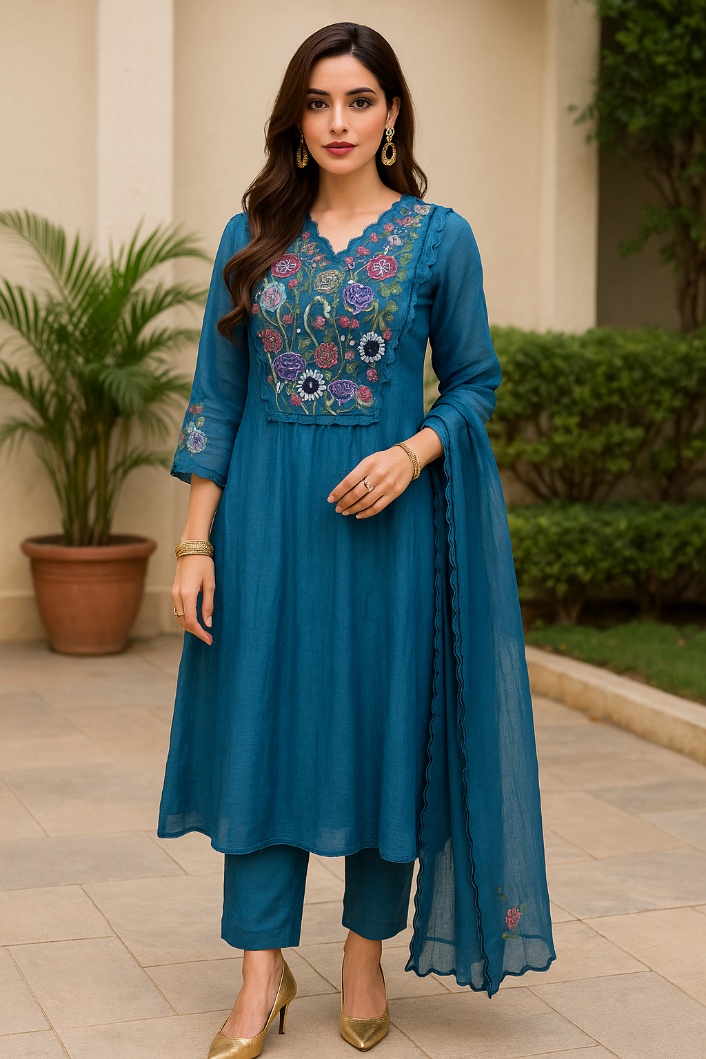 Teal Hand-Embroidered Mul Chanderi Suit Set