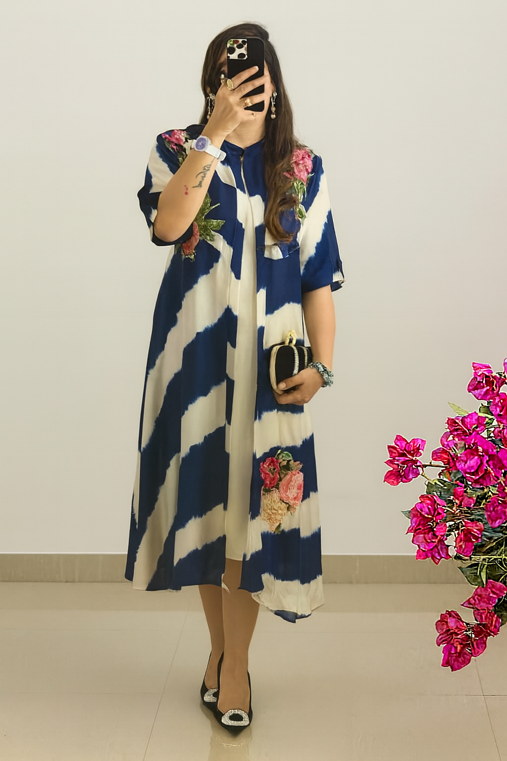 Pearl Appliqué Tie-Dye Jacket Set (Blue)