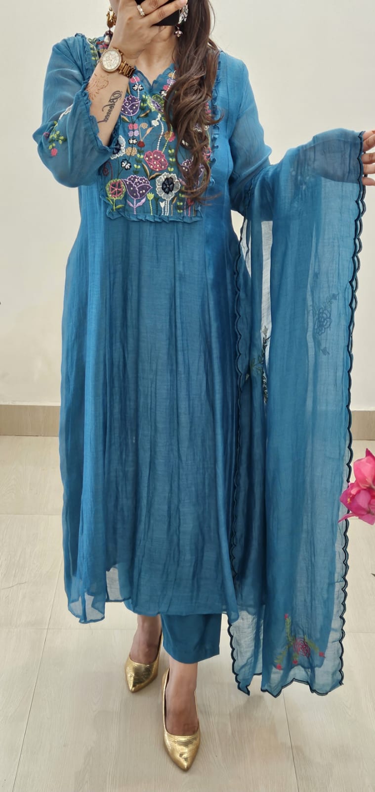 Teal Hand-Embroidered Mul Chanderi Suit Set