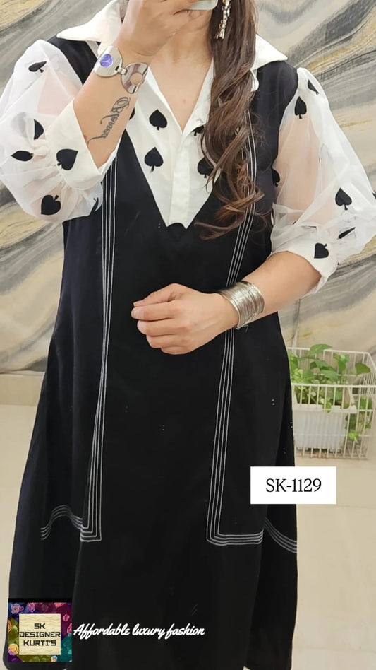 "Black Elegance – Cotton & Organza Midi Dress"