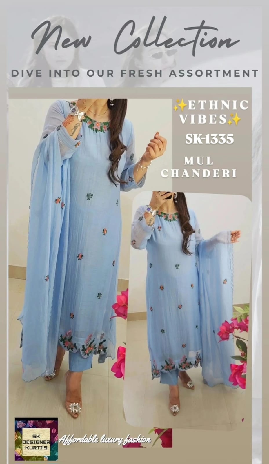 Powder Blue Blossom – Mul Chanderi Kurti Set