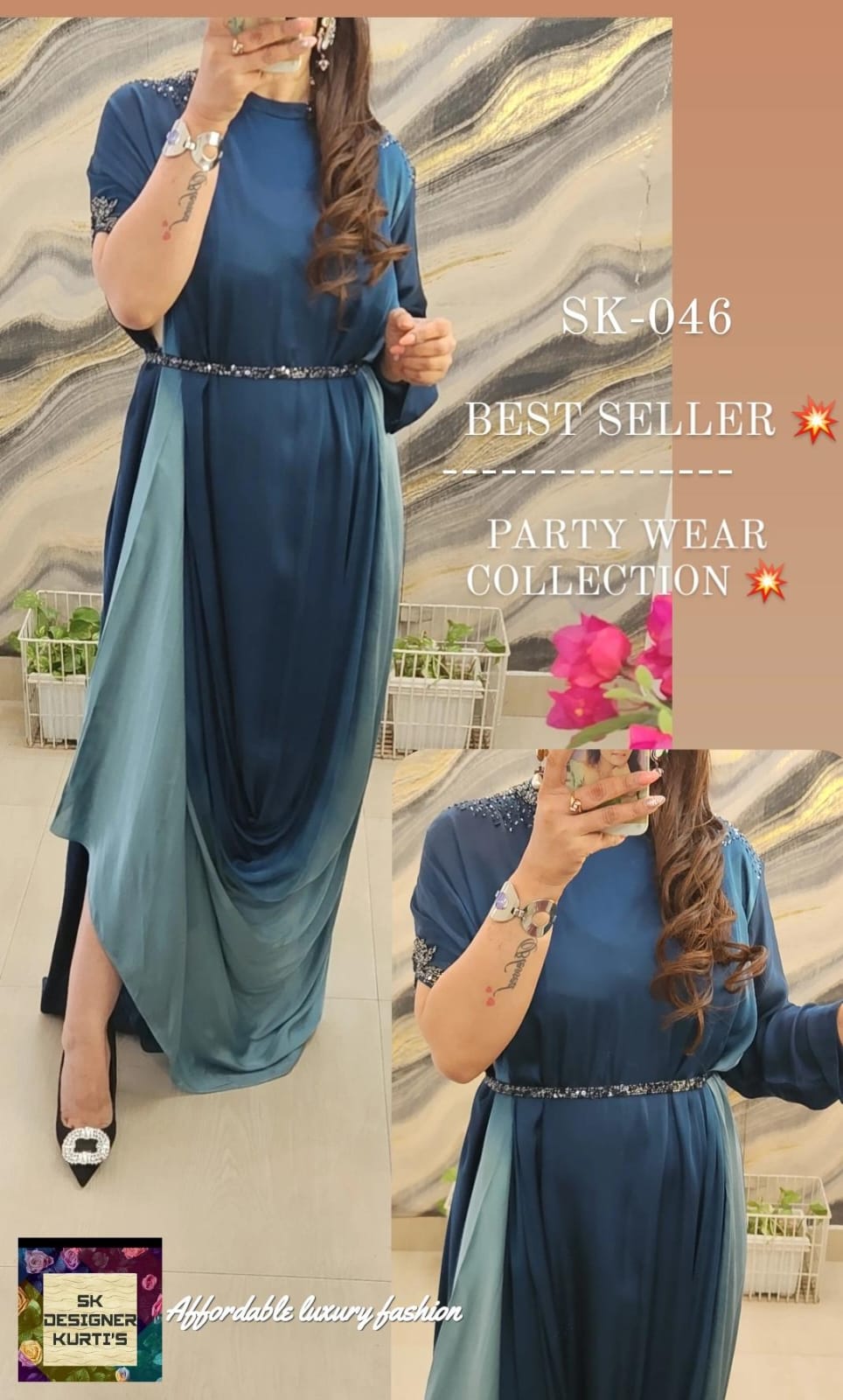 Glam Drape Modal Satin Gown (Blue)
