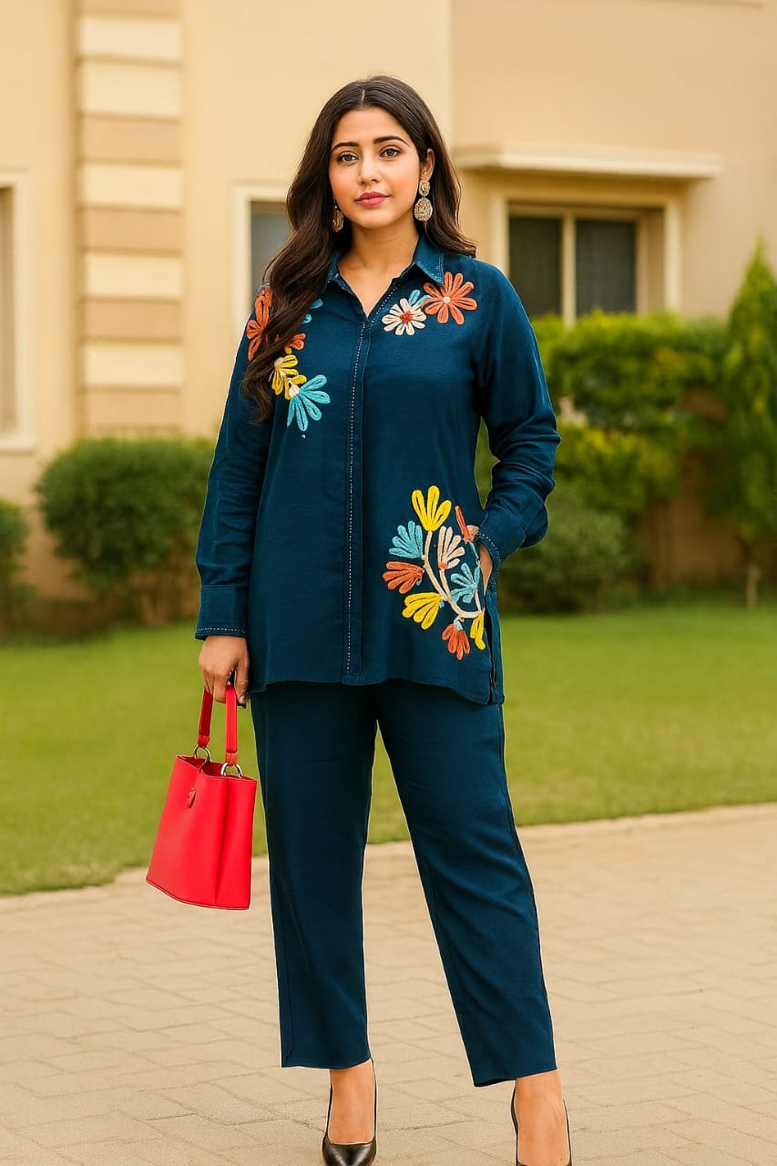 Blue Blossom Russian Silk Co-Ord Set