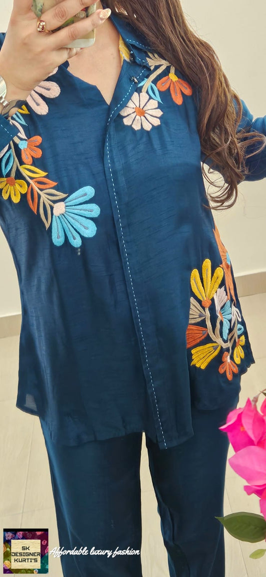 Blue Blossom Russian Silk Co-Ord Set