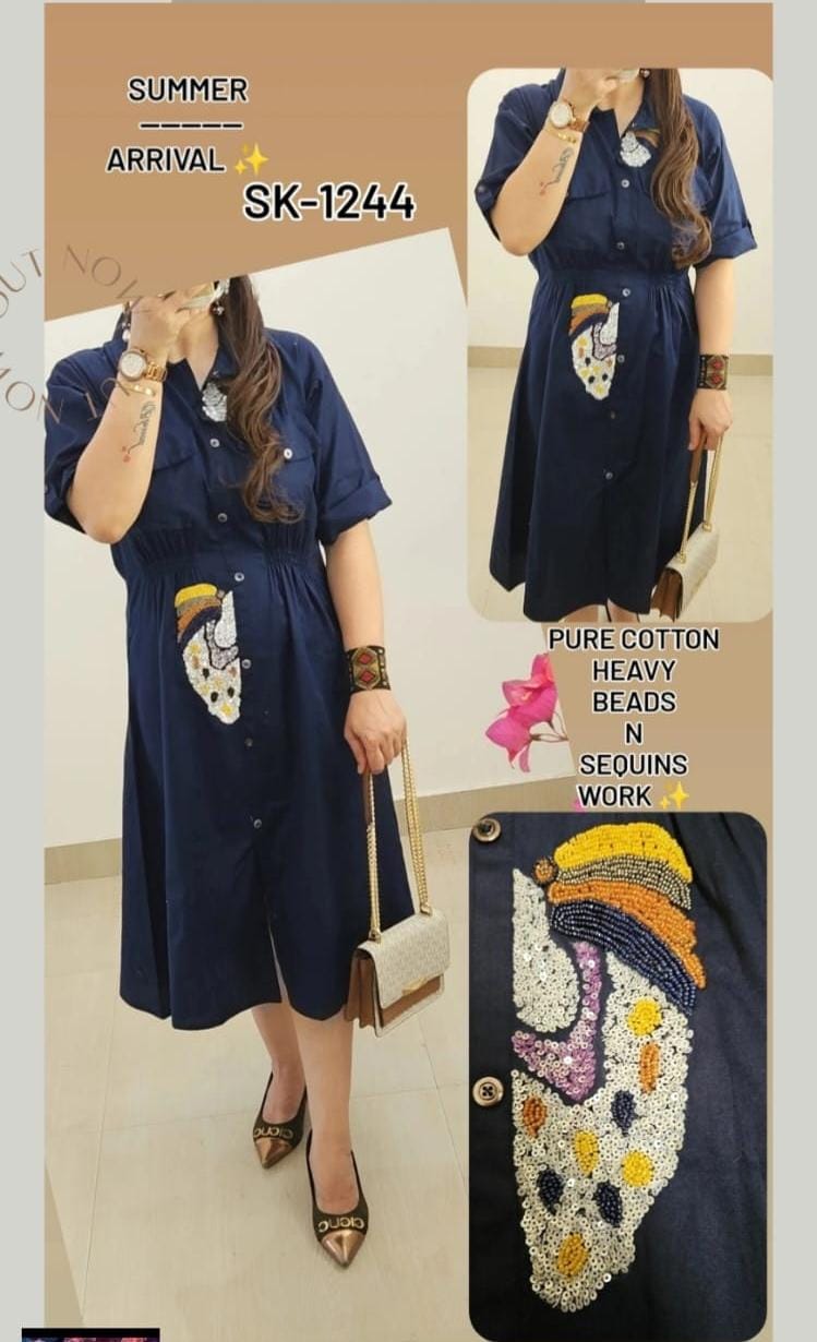 Summer Vacation Cotton Midi Dress (Navy Blue)