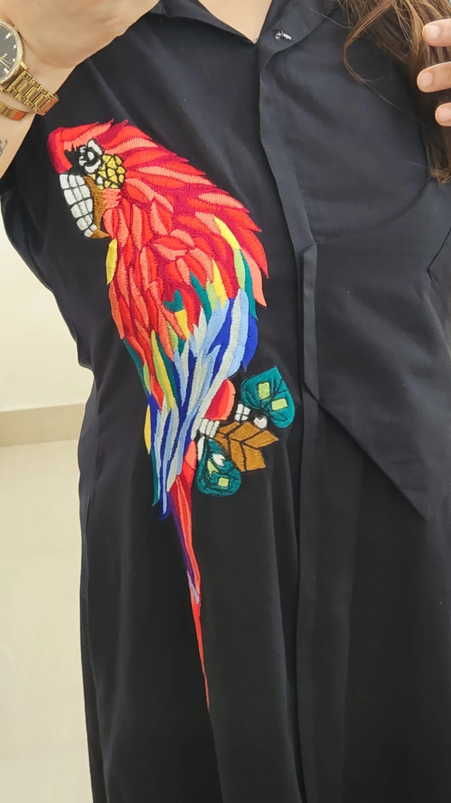 Parrot Embroidered Cotton Midi Dress (Black)
