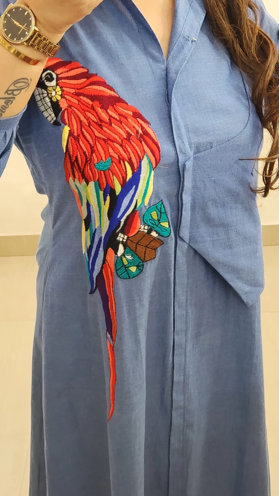 Parrot Embroidered Cotton Midi Dress (Blue)