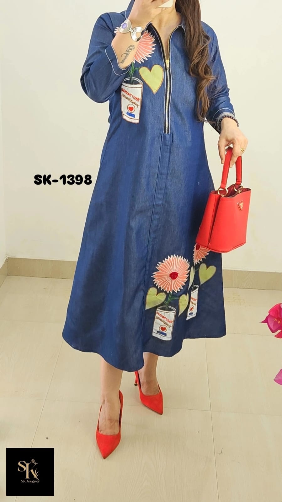 Denim Appliqué Midi Dress