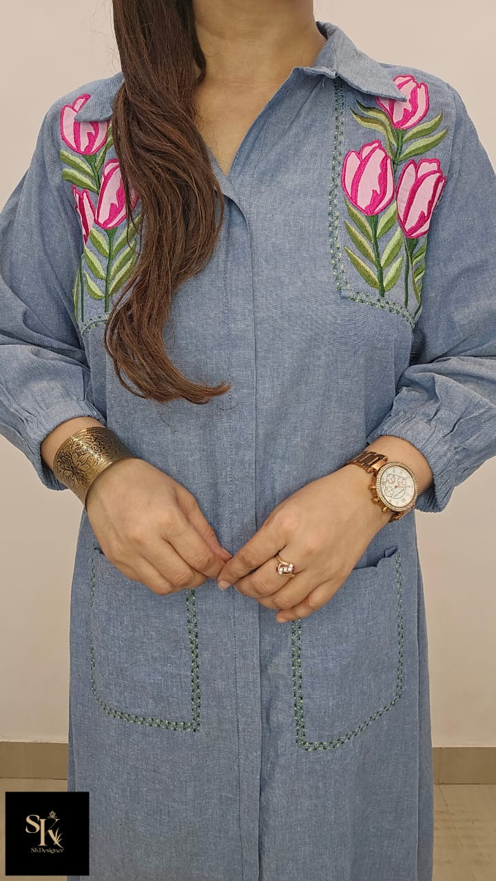 Denim Charm Embroidered Dress