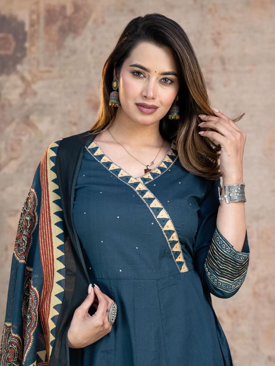 Aarohi Cotton Flared Anarkali Set (Blue)