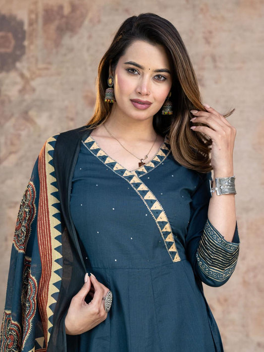 Aarohi Cotton Flared Anarkali Set (Blue)