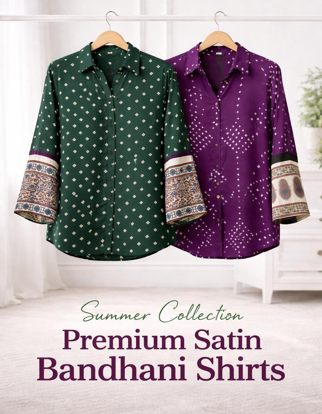 Glossy Glam Bandhej Satin Shirt (Purple)