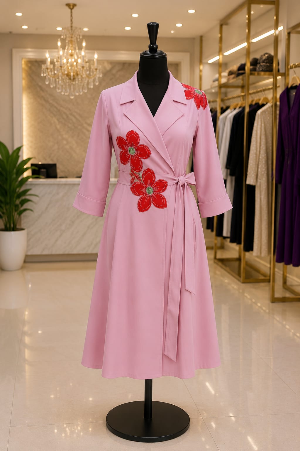 Wrap Blossom Appliqué Dress (Pink)