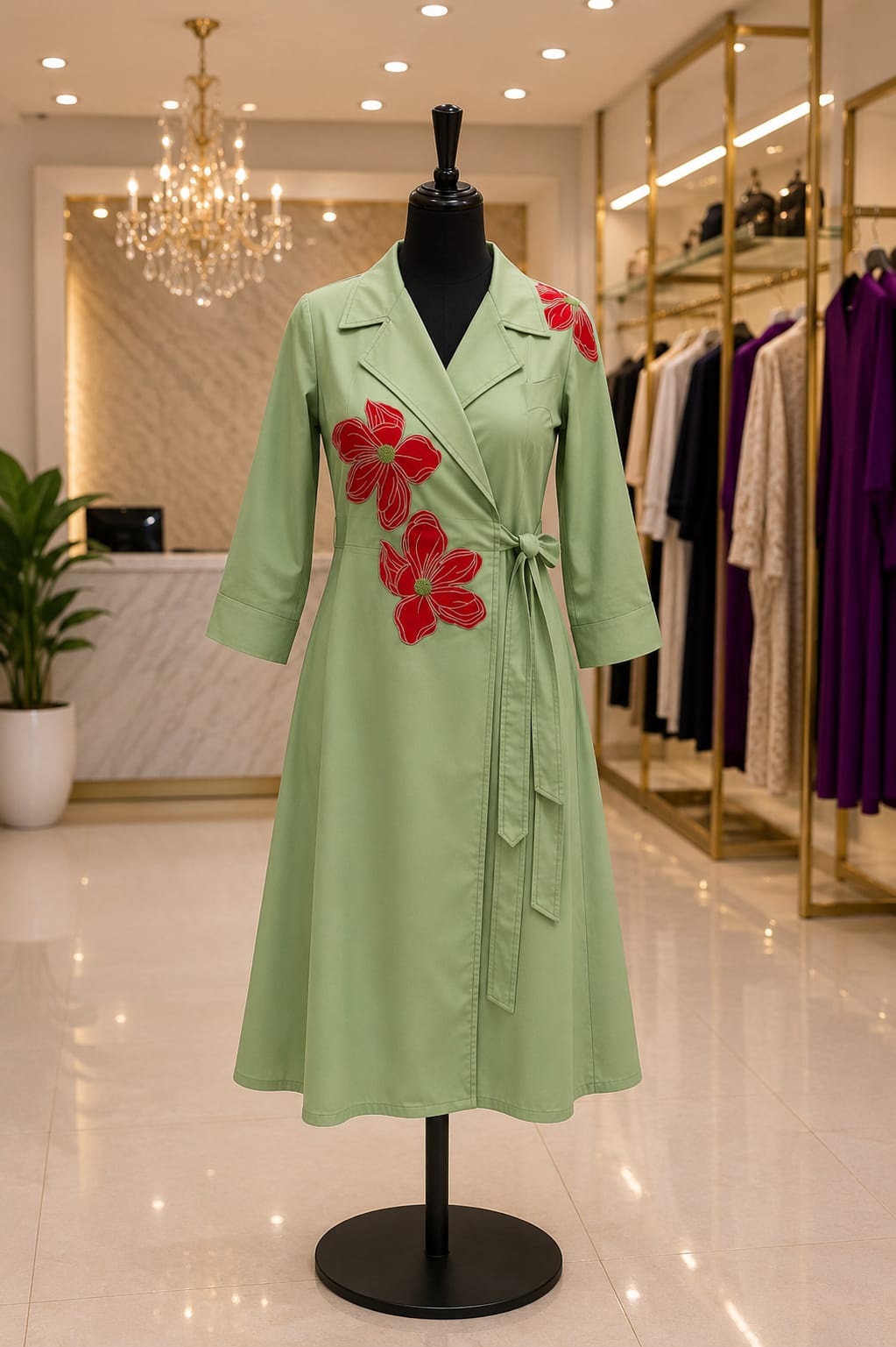 Wrap Blossom Appliqué Dress (Green)