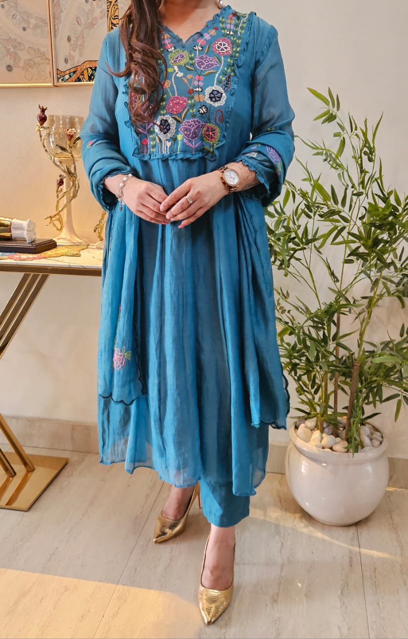 Teal Hand-Embroidered Mul Chanderi Suit Set