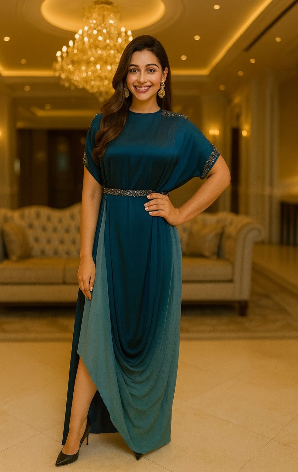 Glam Drape Modal Satin Gown (Blue)