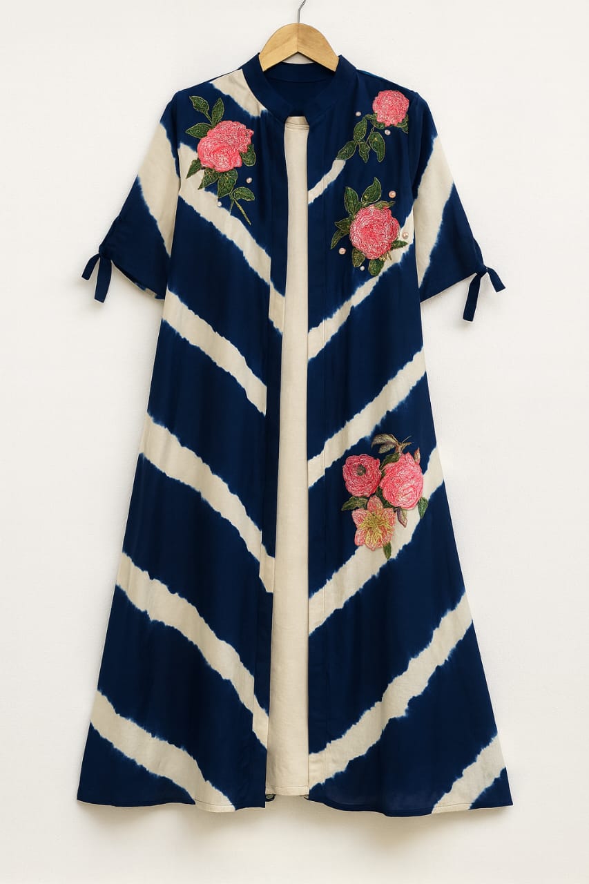 Pearl Appliqué Tie-Dye Jacket Set (Blue)