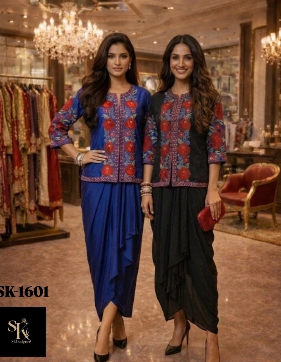 Luxury Dola Silk Party Wear Set with Embroidered Top & Crepe Wrap Skirt