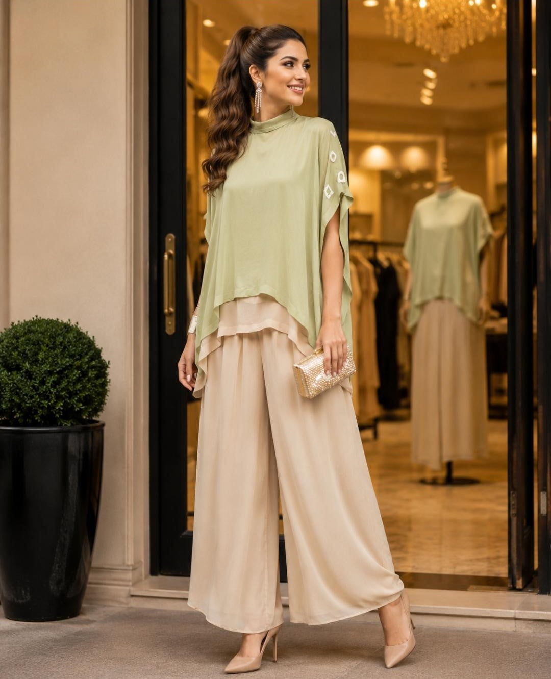 Pearl Luxe Georgette Kaftan Co-ord Set (Green)
