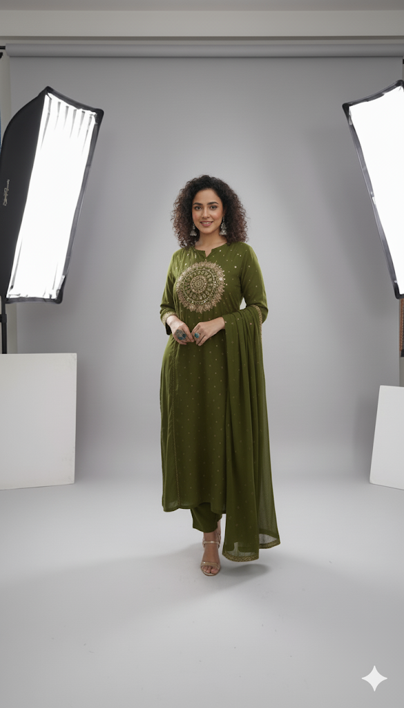 Royal Zari Charm – Mul Cotton Kurta Set (Green)