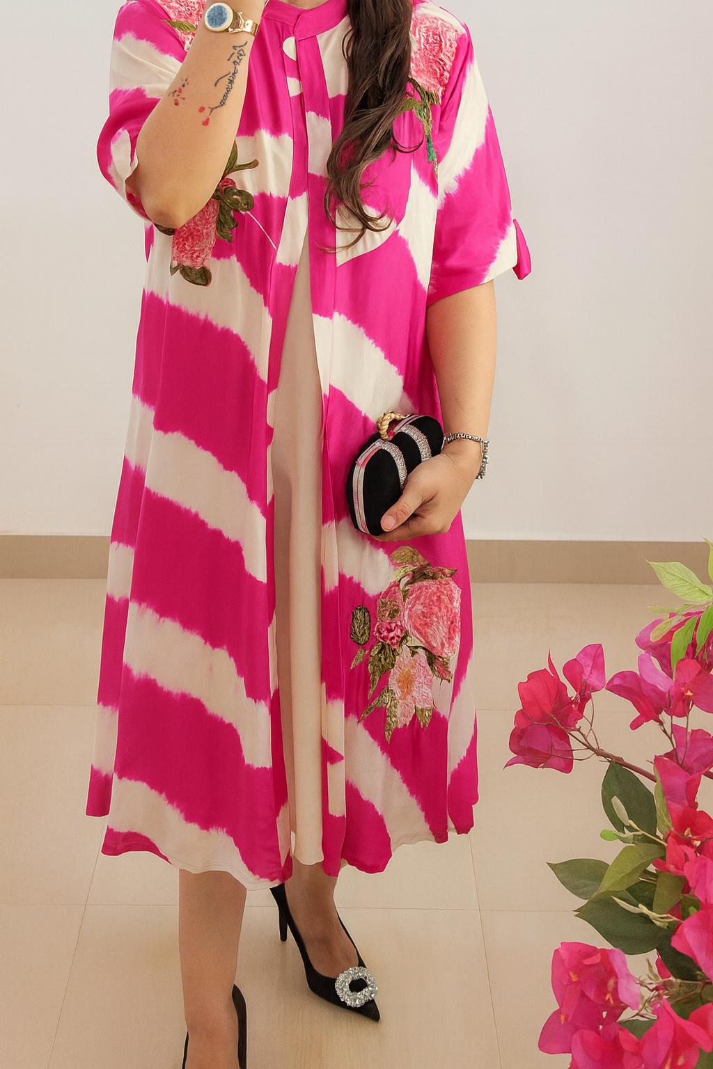 Pearl Appliqué Tie-Dye Jacket Set (Pink)
