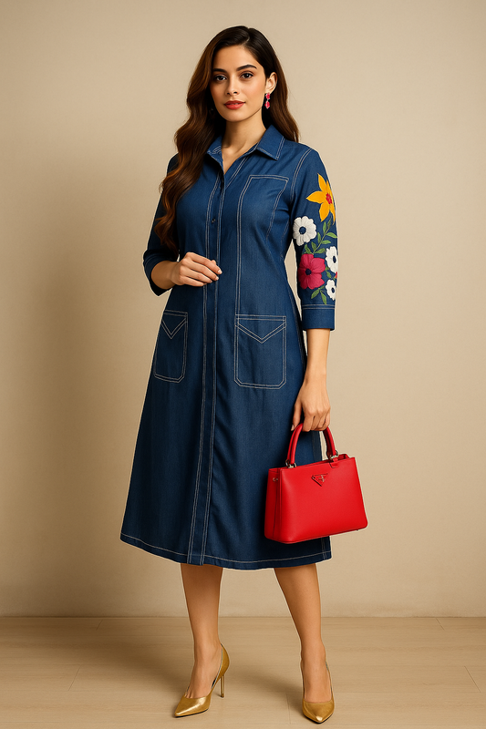 Classy & Stylish Denim Appliqué Midi Dress