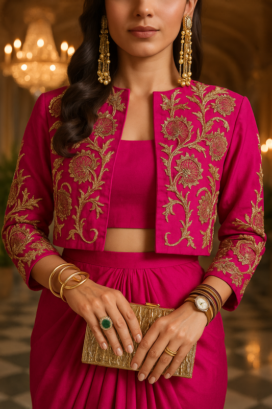 “Royal Aura Party Drape Set” — Pure Crepe Luxe Edit (Pink)