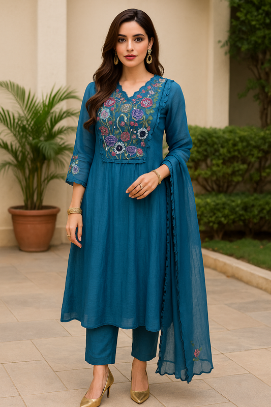 Teal Hand-Embroidered Mul Chanderi Suit Set
