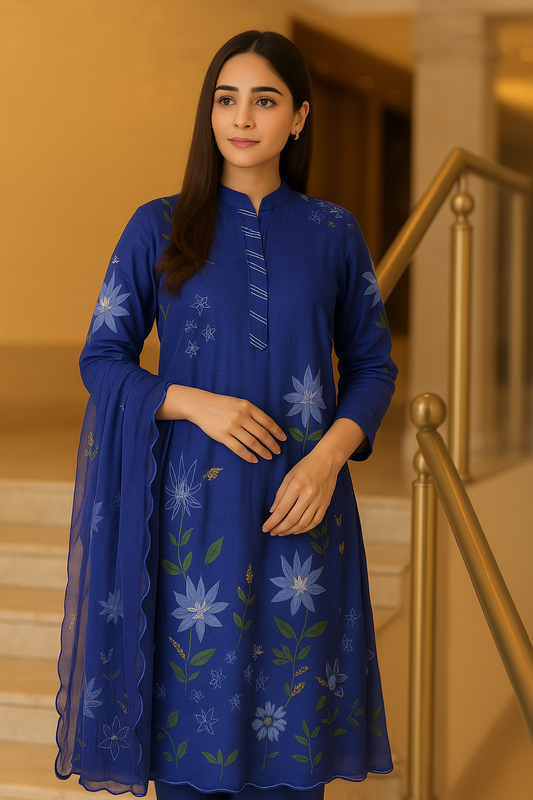 Elegance in Bloom – Mul Chanderi Cutwork Set (Blue)