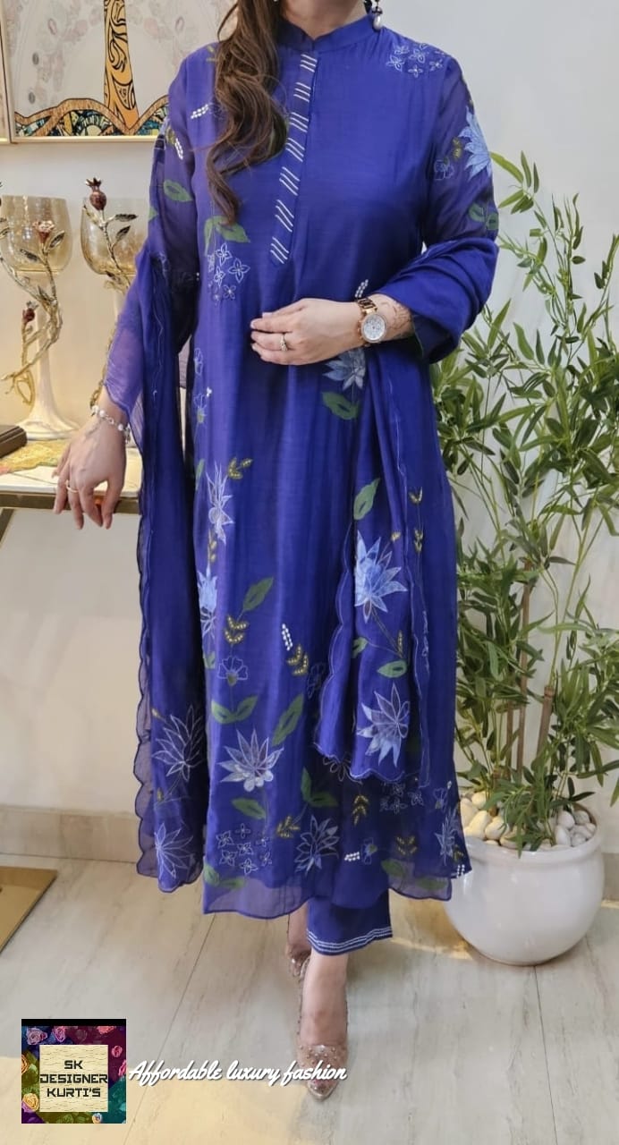 Elegance in Bloom – Mul Chanderi Cutwork Set (Blue)