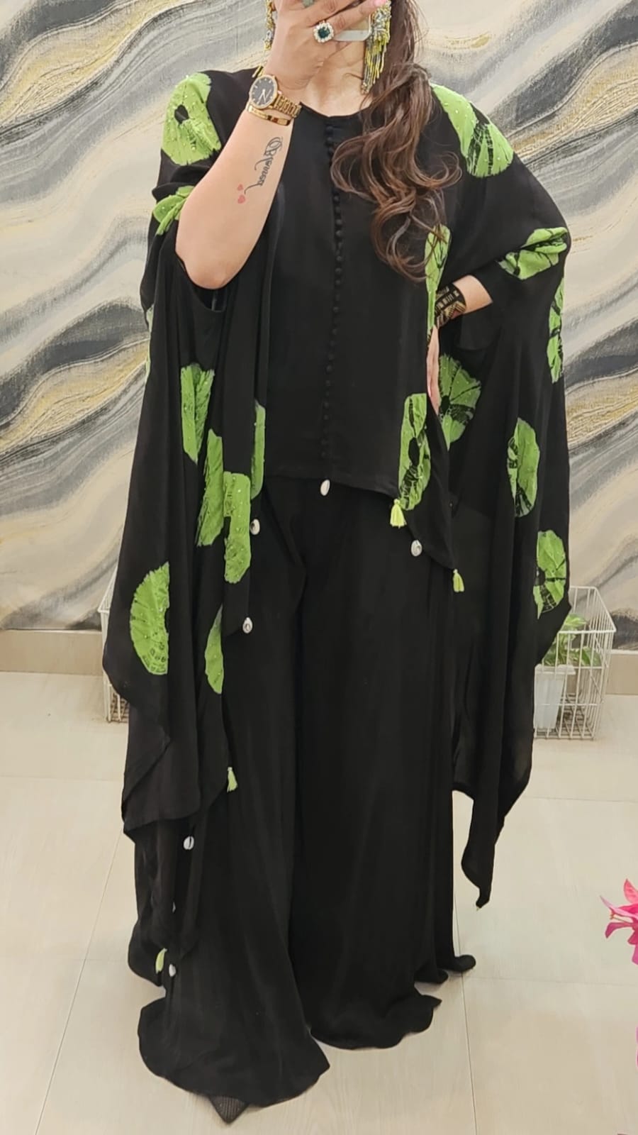 Midnight Aura – Tie & Dye Indo-Western Cape Set (Green)