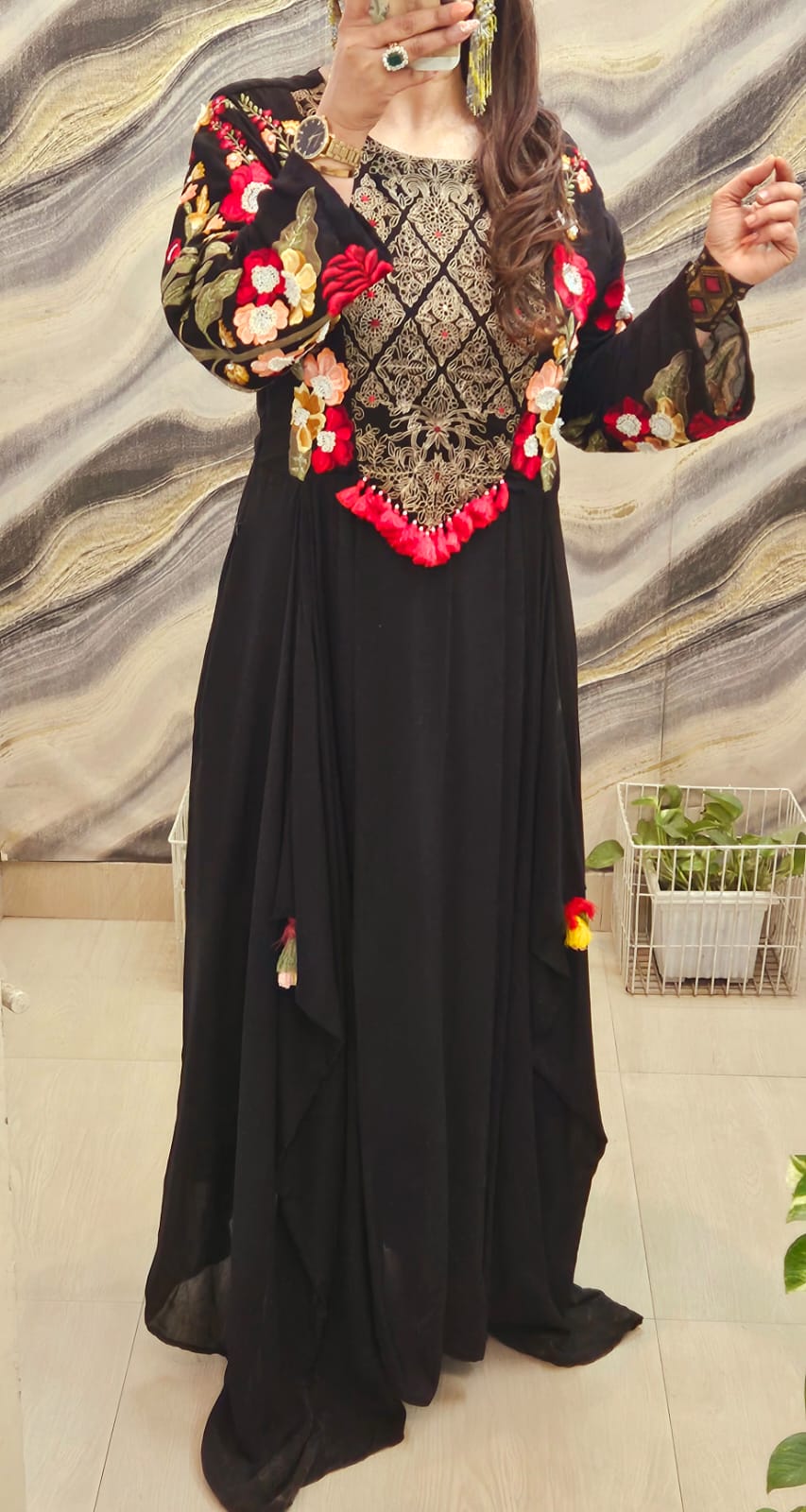 Midnight Elegance Embroidered Cotton Gown