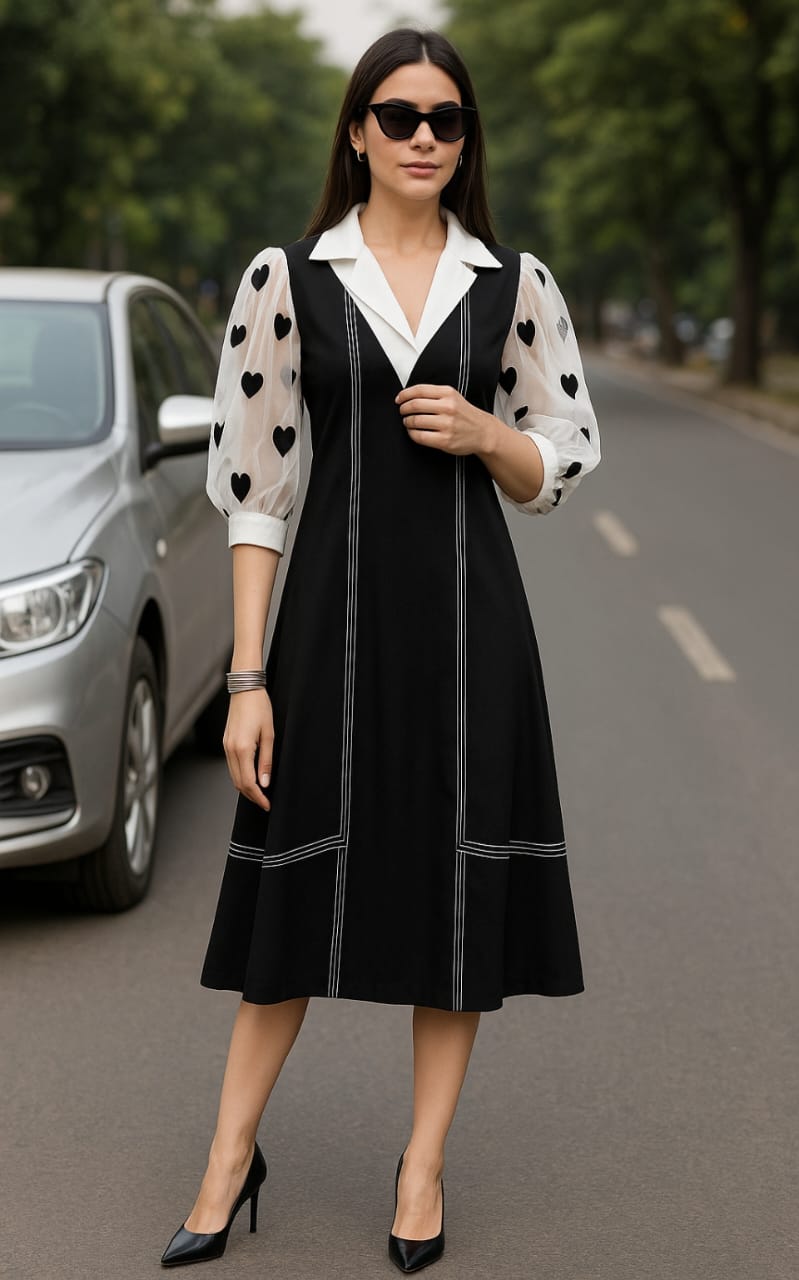 "Black Elegance – Cotton & Organza Midi Dress"