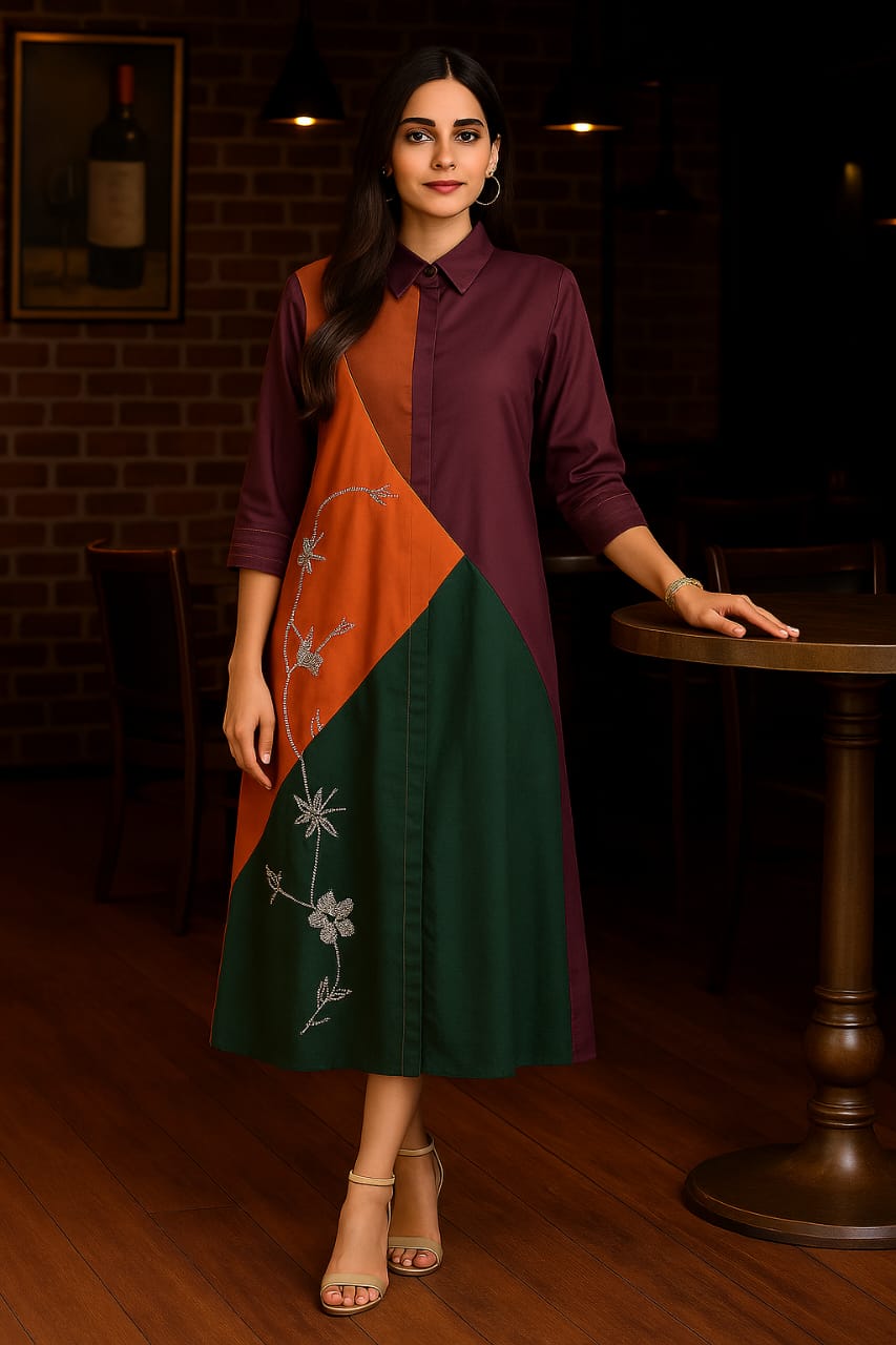 "Trio Charm – Cotton Colour Block Embroidered Dress"