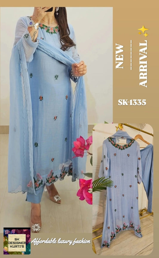 Powder Blue Blossom – Mul Chanderi Kurti Set