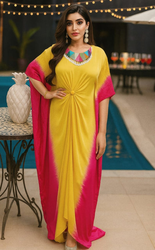 Ombre Elegance – Crepe Satin Kaftan (Yellow)