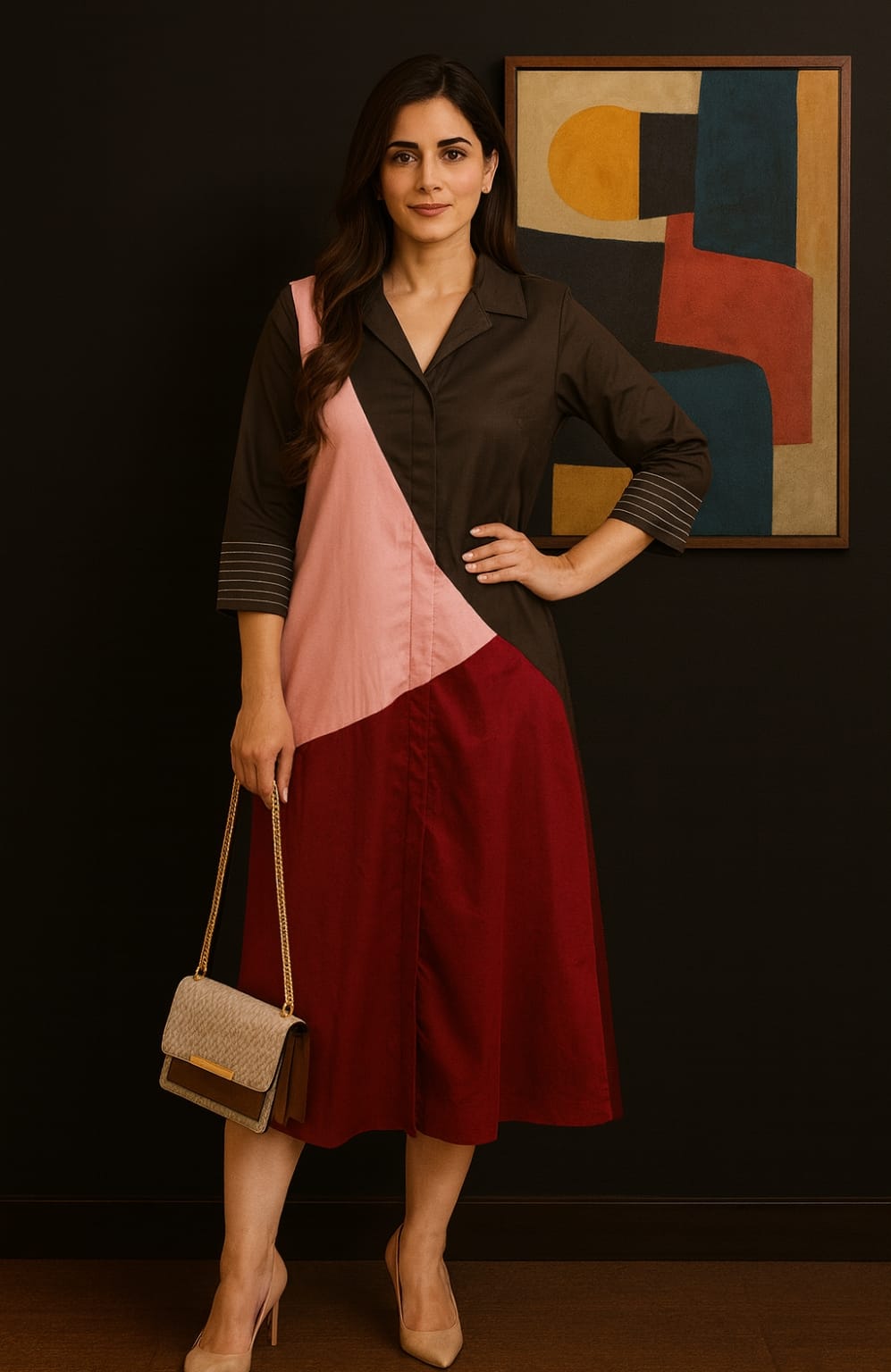 Trio Tone Cotton Colour Block Midi Dress