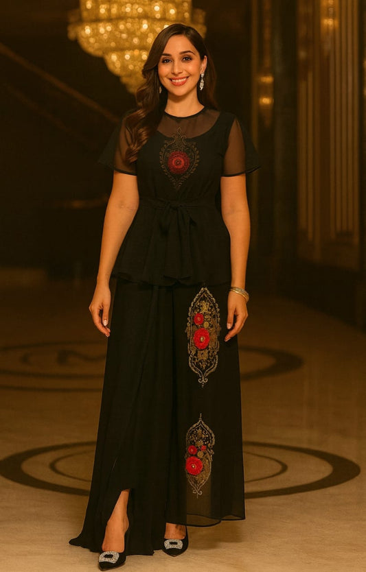 Luxe Glam Georgette Pleated Gown with Organza Top