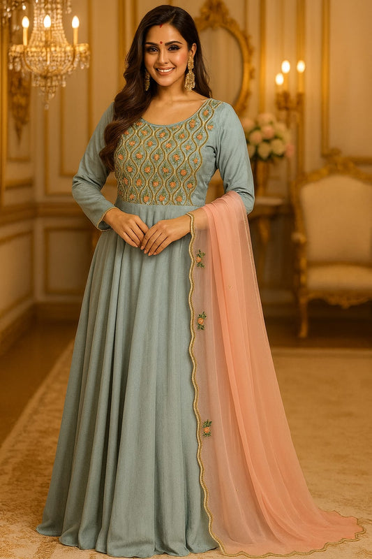 Elegant Crepe Muslin Gown with Organza Dupatta