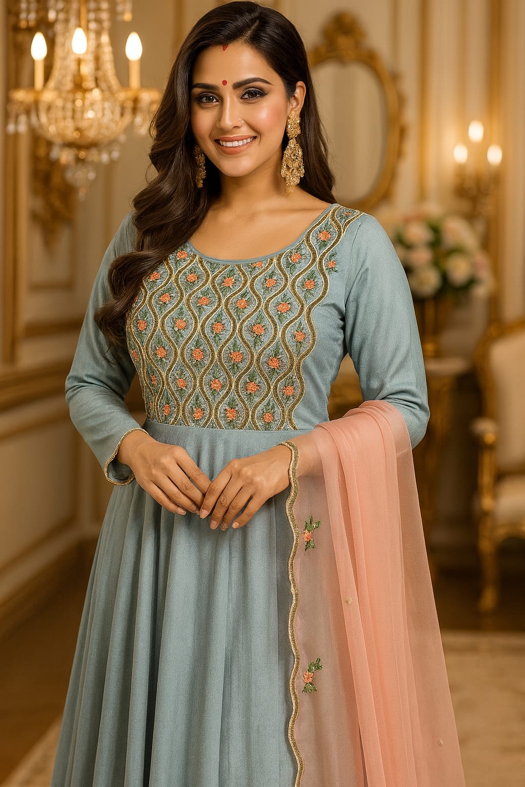 Elegant Crepe Muslin Gown with Organza Dupatta