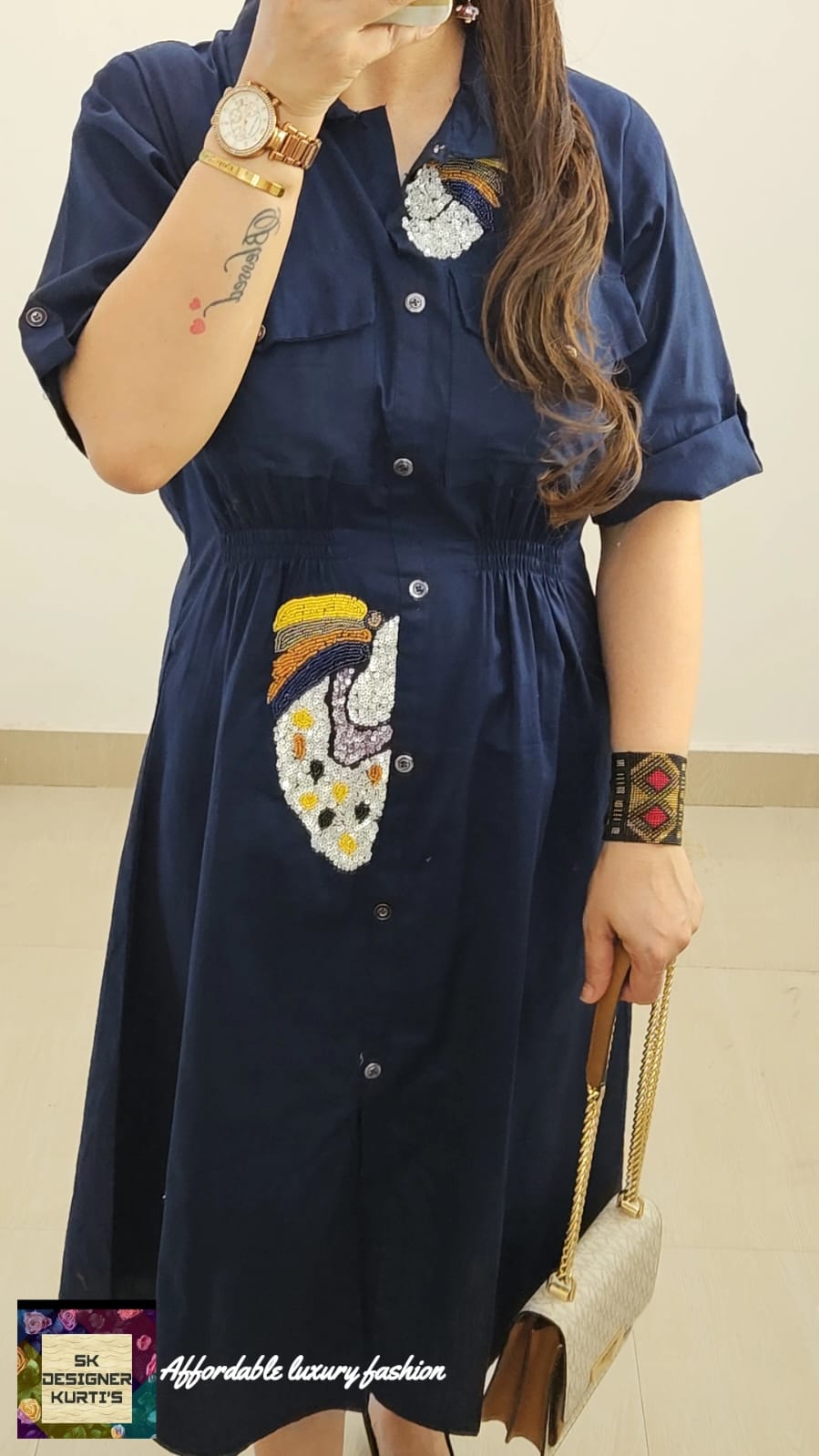 Summer Vacation Cotton Midi Dress (Navy Blue)