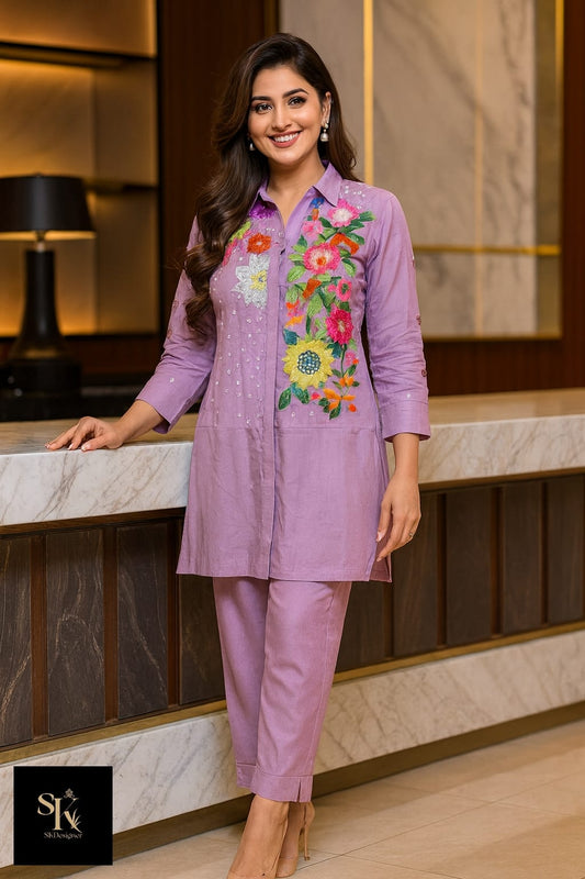 Pastel Bloom Floral Embroidered Co-ord Set (Lavender)