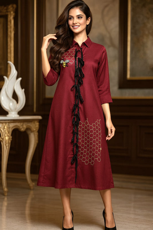 Wine Maroon Luxe A-Line Dress