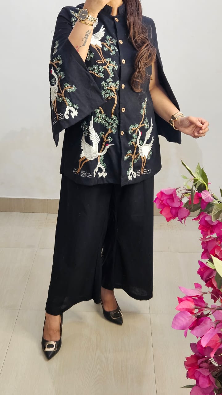 Midnight Elegance – Black Embroidered Cape Set