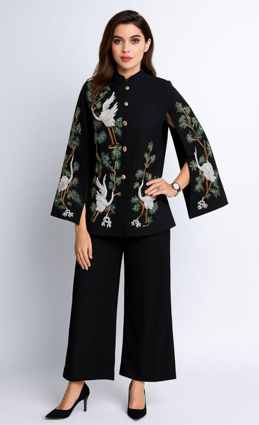 Midnight Elegance – Black Embroidered Cape Set