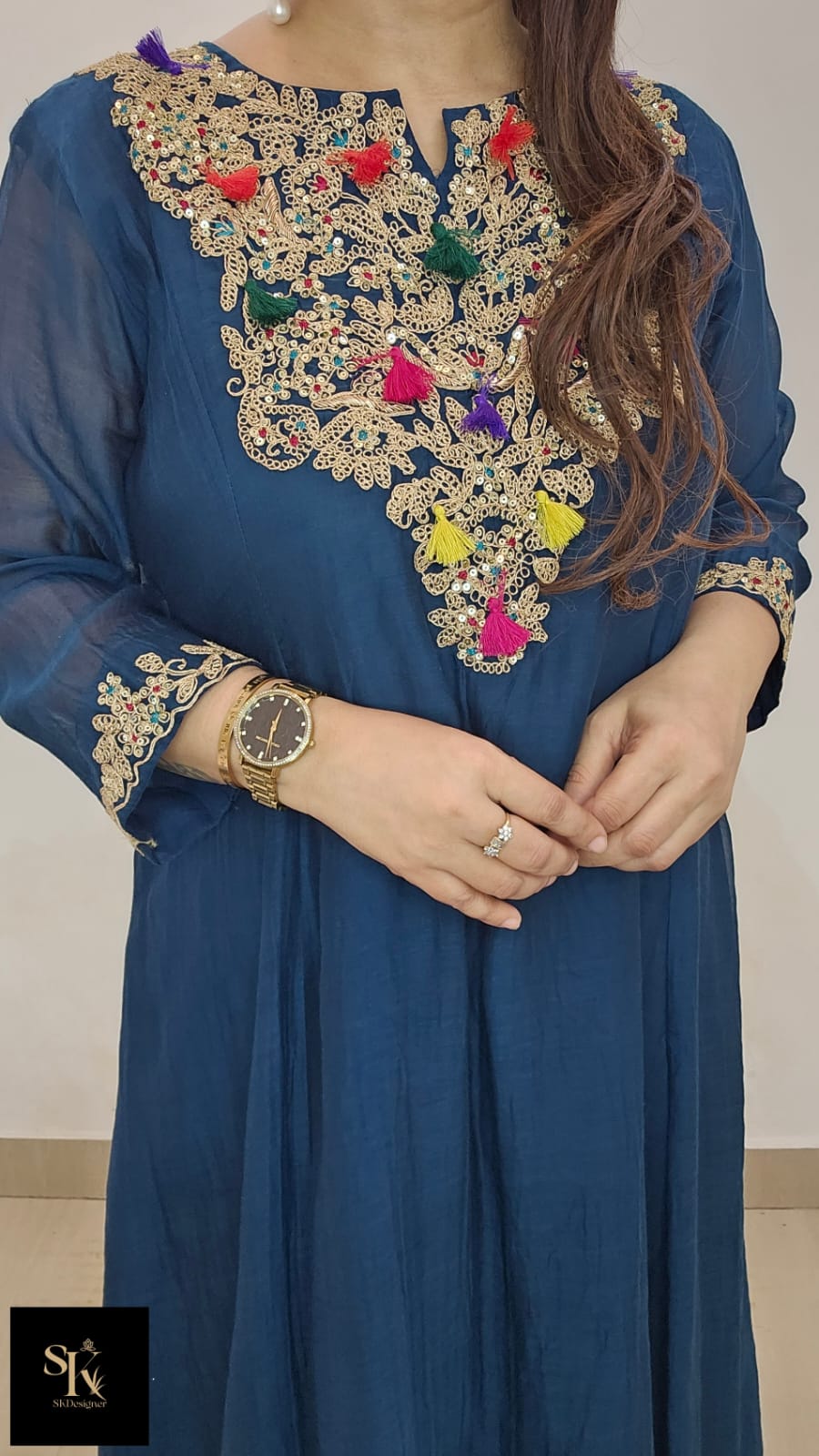 Regal Mul Chanderi Tassel-Embroidered Kurta Set (Midnight Blue)