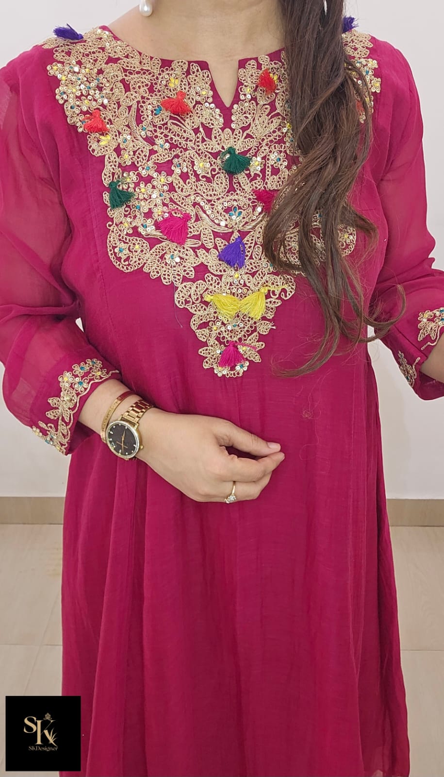 Regal Mul Chanderi Tassel-Embroidered Kurta Set (Royal Maroon)