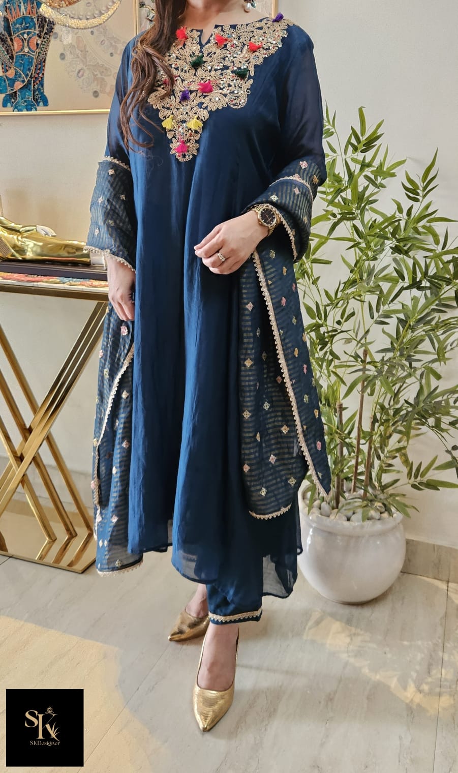 Regal Mul Chanderi Tassel-Embroidered Kurta Set (Midnight Blue)