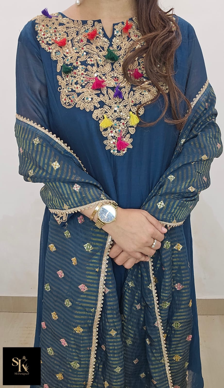 Regal Mul Chanderi Tassel-Embroidered Kurta Set (Midnight Blue)