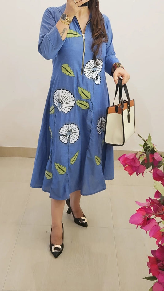 Denim Luxe Appliqué Zip Dress (Blue)